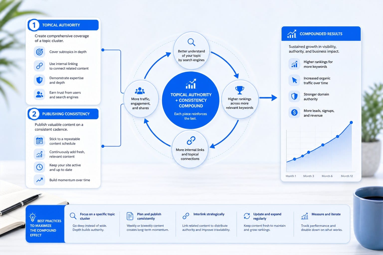 Infographic: How topical authority and publishing consistency compound your rankings