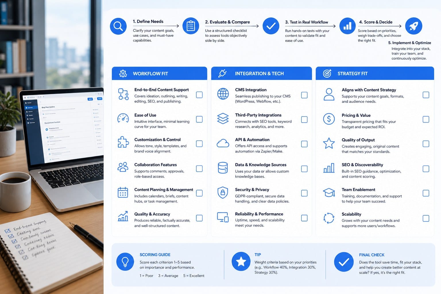 Infographic: How to evaluate AI blog tools checklist: workflow, integration, and strategy fit