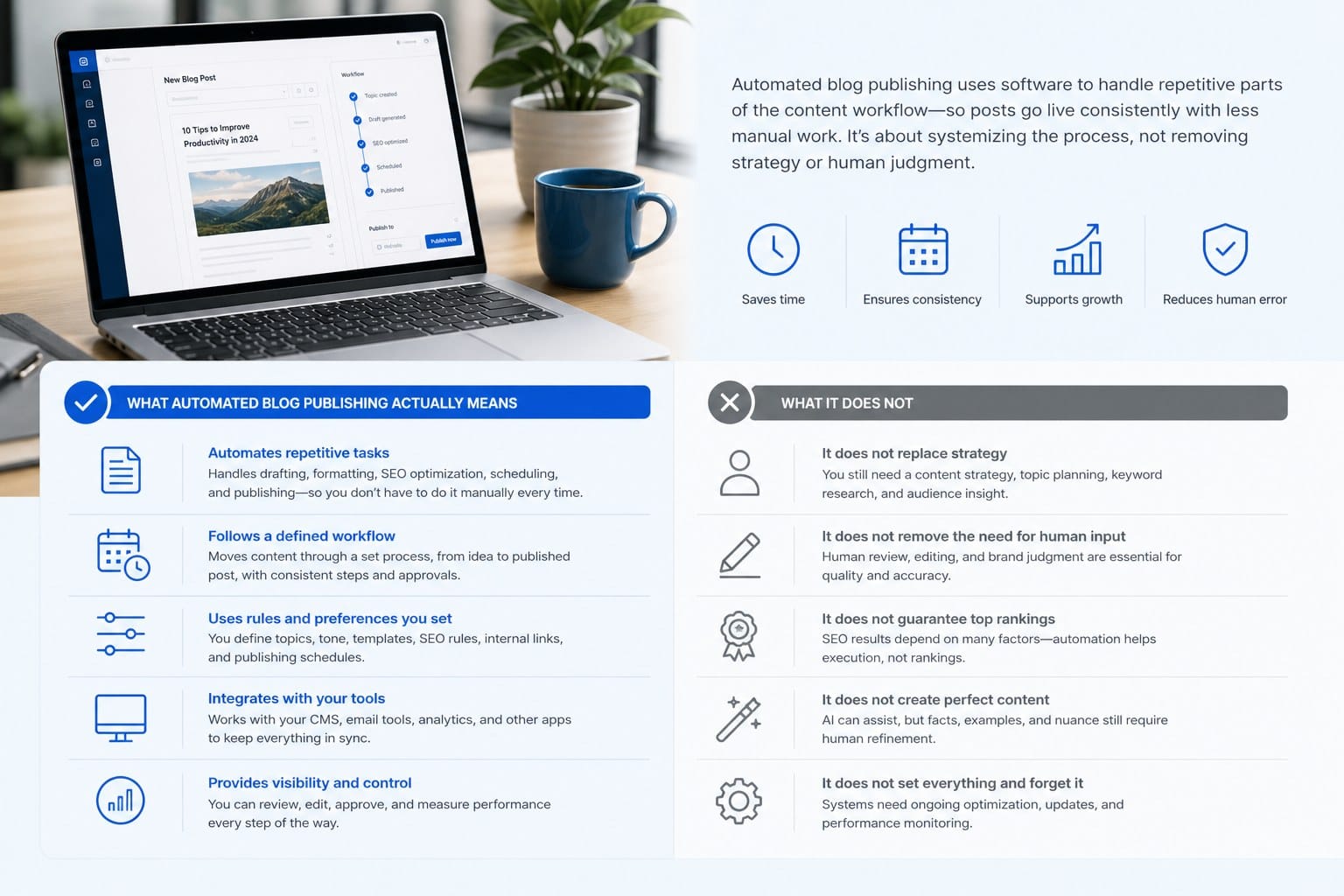 Infographic: What automated blog publishing actually means (and what it does not)